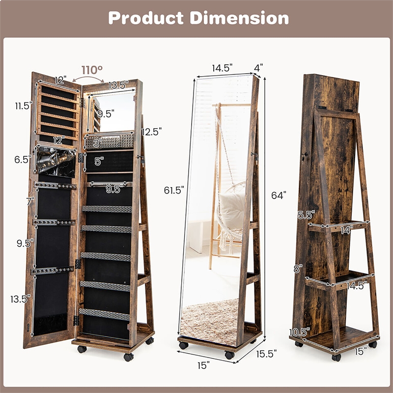 64 inch Jewelry Organizer Lockable Jewelry Cabinet Armoire Coffee