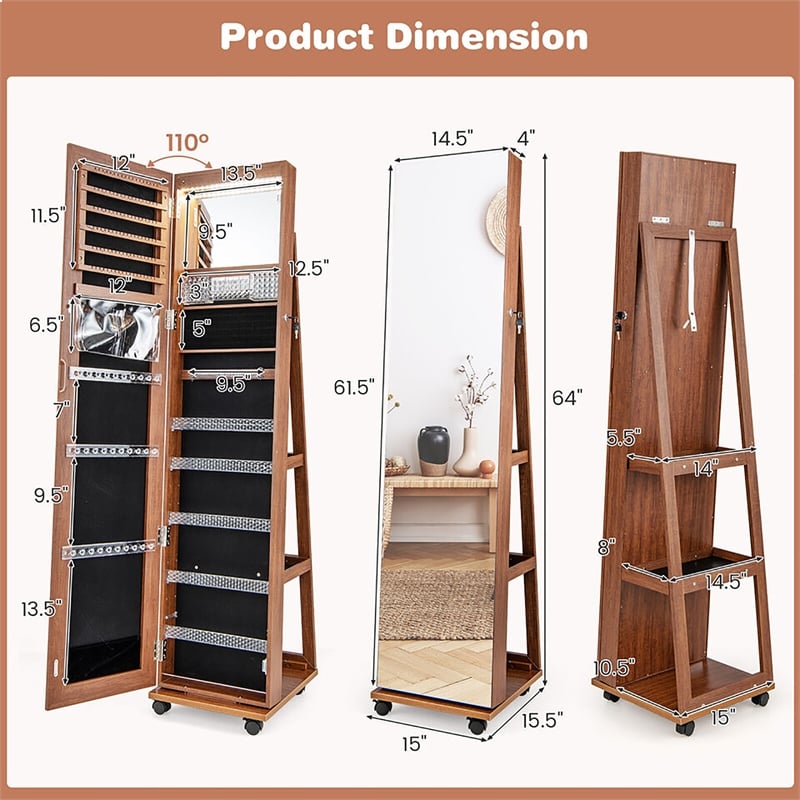 64 inch Jewelry Organizer Lockable Jewelry Cabinet Armoire Brown