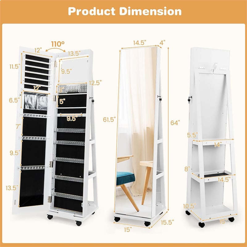 64 inch Jewelry Organizer Lockable Jewelry Cabinet Armoire White
