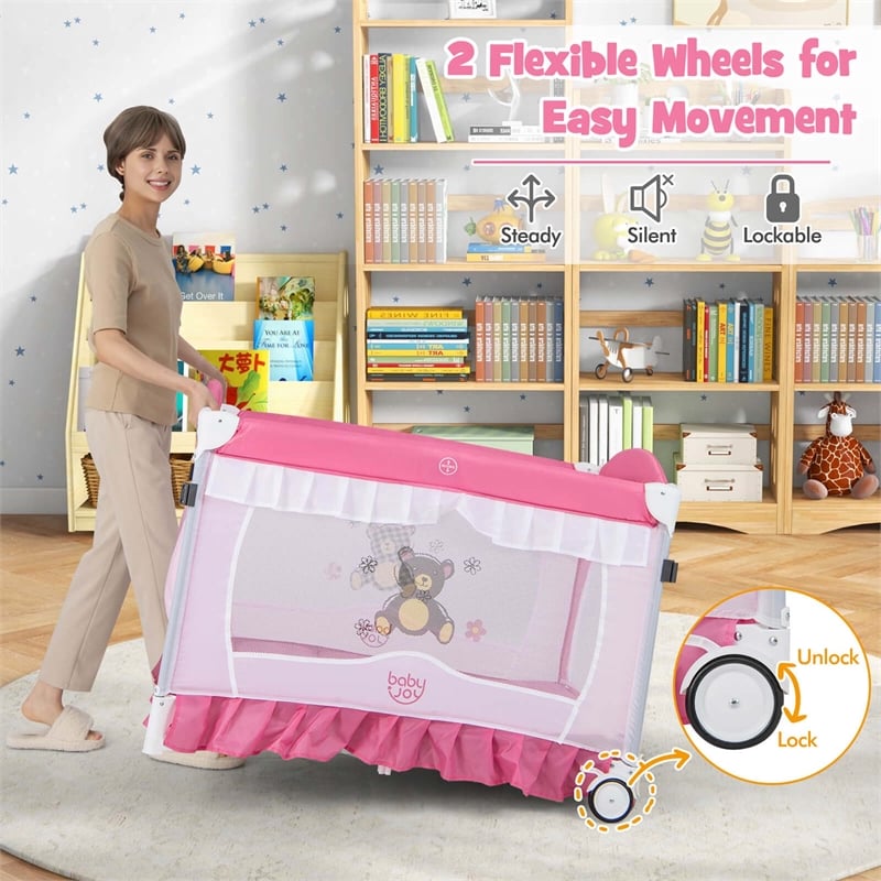 Portable Baby Crib Cradle  Bassinet Changing Pad Mosquito Net Pink