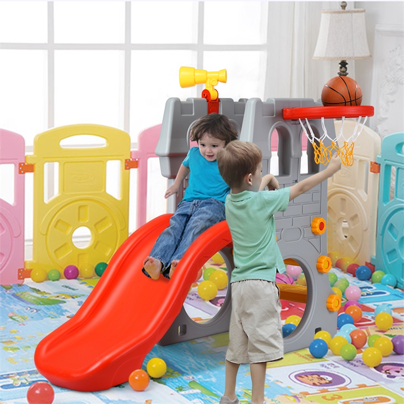 Children Climber Slide Set w/ Basketball Hoop and Telescope Toy