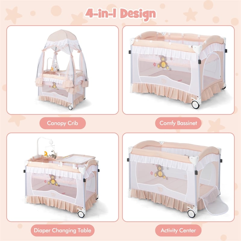 Portable Baby Crib Cradle  Bassinet Changing Pad Mosquito Net Light Pink
