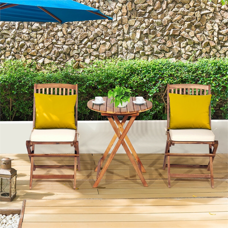 3PCS Patio Folding Wooden Bistro Set Cushioned Chair Conversation Cream
