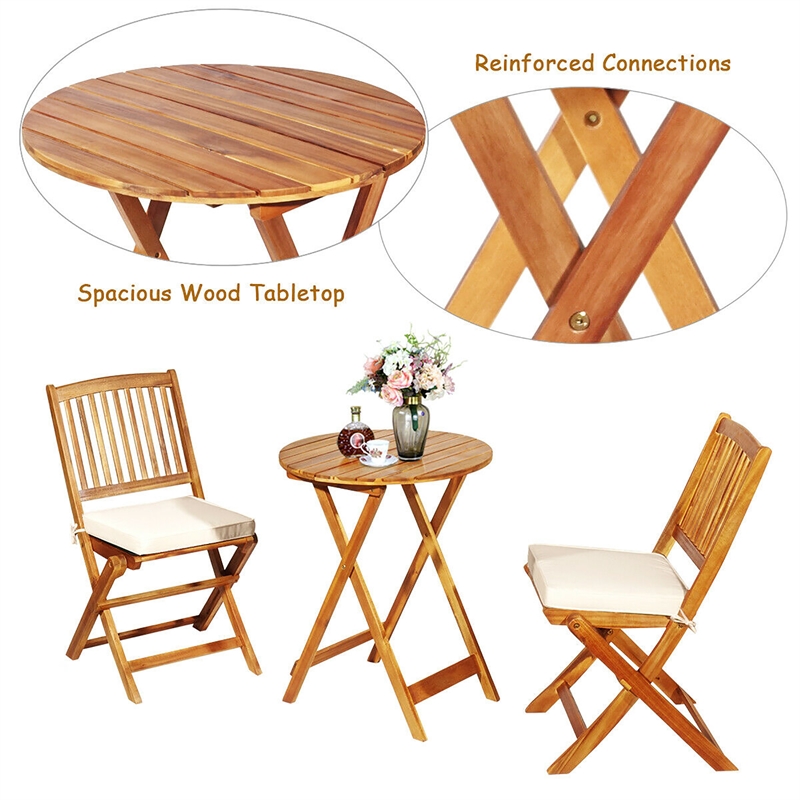 3PCS Patio Folding Wooden Bistro Set Cushioned Chair Conversation Cream