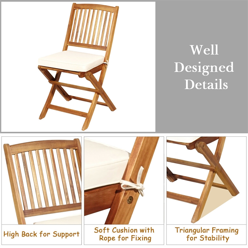3PCS Patio Folding Wooden Bistro Set Cushioned Chair Conversation Cream