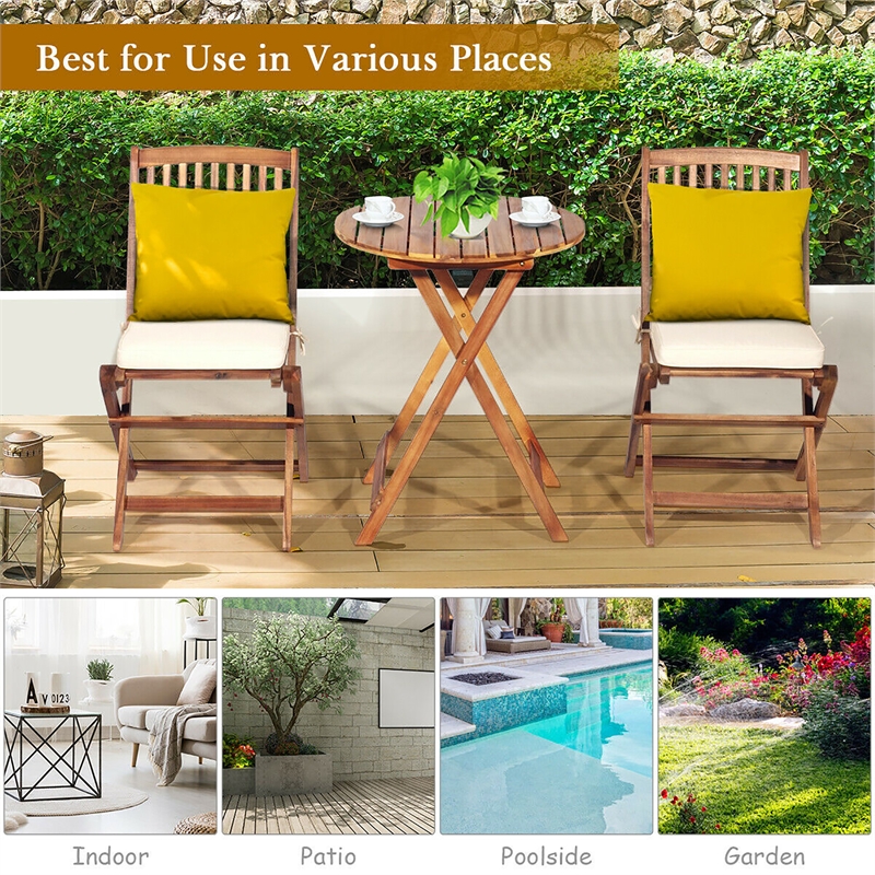 3PCS Patio Folding Wooden Bistro Set Cushioned Chair Conversation Cream