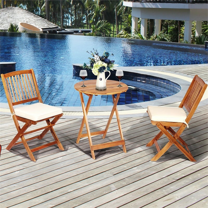 3PCS Patio Folding Wooden Bistro Set Cushioned Chair Conversation Cream