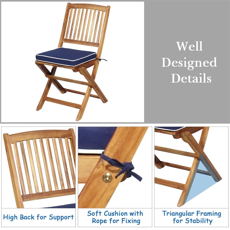 3PCS Patio Folding Wooden Bistro Set Cushioned Chair Conversation Blue