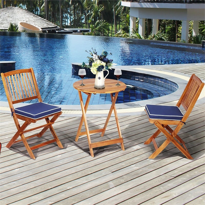 3PCS Patio Folding Wooden Bistro Set Cushioned Chair Conversation Blue