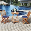 3PCS Patio Folding Wooden Bistro Set Cushioned Chair Conversation Blue