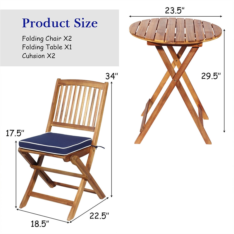 3PCS Patio Folding Wooden Bistro Set Cushioned Chair Conversation Blue