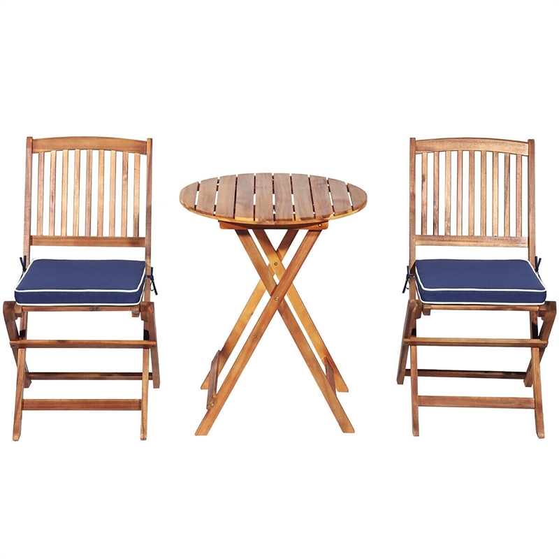3PCS Patio Folding Wooden Bistro Set Cushioned Chair Conversation Blue