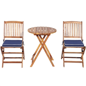 3PCS Patio Folding Wooden Bistro Set Cushioned Chair Conversation Blue