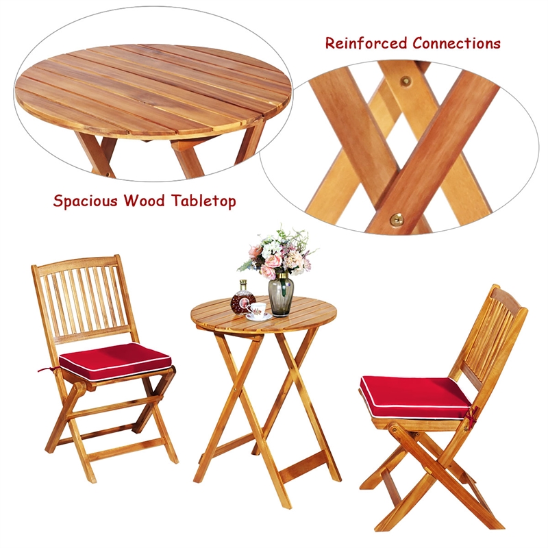 3PCS Patio Folding Wooden Bistro Set Cushioned Chair Conversation Red