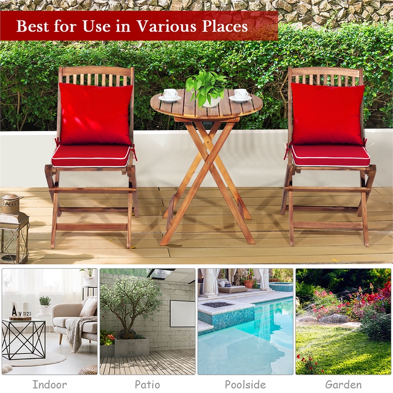 3PCS Patio Folding Wooden Bistro Set Cushioned Chair Conversation Red