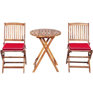 3PCS Patio Folding Wooden Bistro Set Cushioned Chair Conversation Red