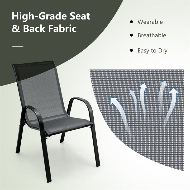 Set of 4 Patio Dining Chairs Stackable Armrest Space Saving Garden Grey