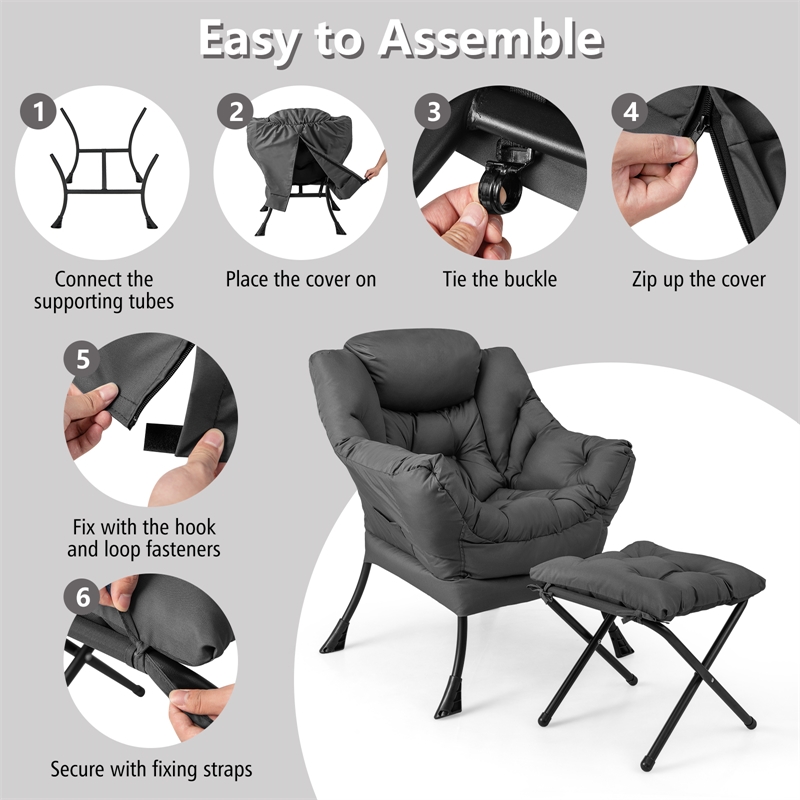 Lazy Sofa Chair Accent Leisure Armchair with Folding Footrest Gray