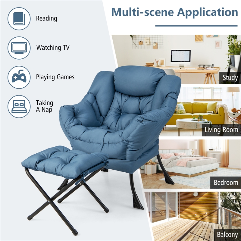 Lazy Sofa Chair Accent Leisure Armchair with Folding Footrest Blue