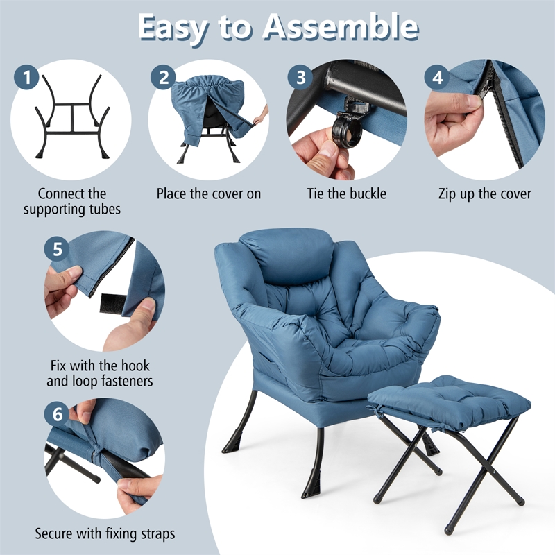 Lazy Sofa Chair Accent Leisure Armchair with Folding Footrest Blue