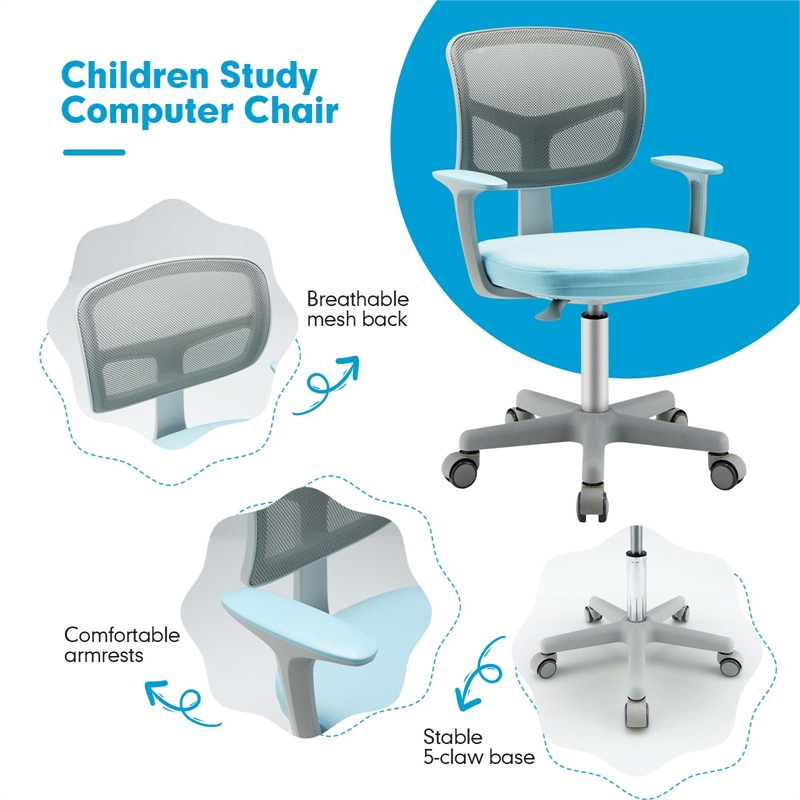 Kids Adjustable Height Children Study Chair w/Auto Brake Casters Blue