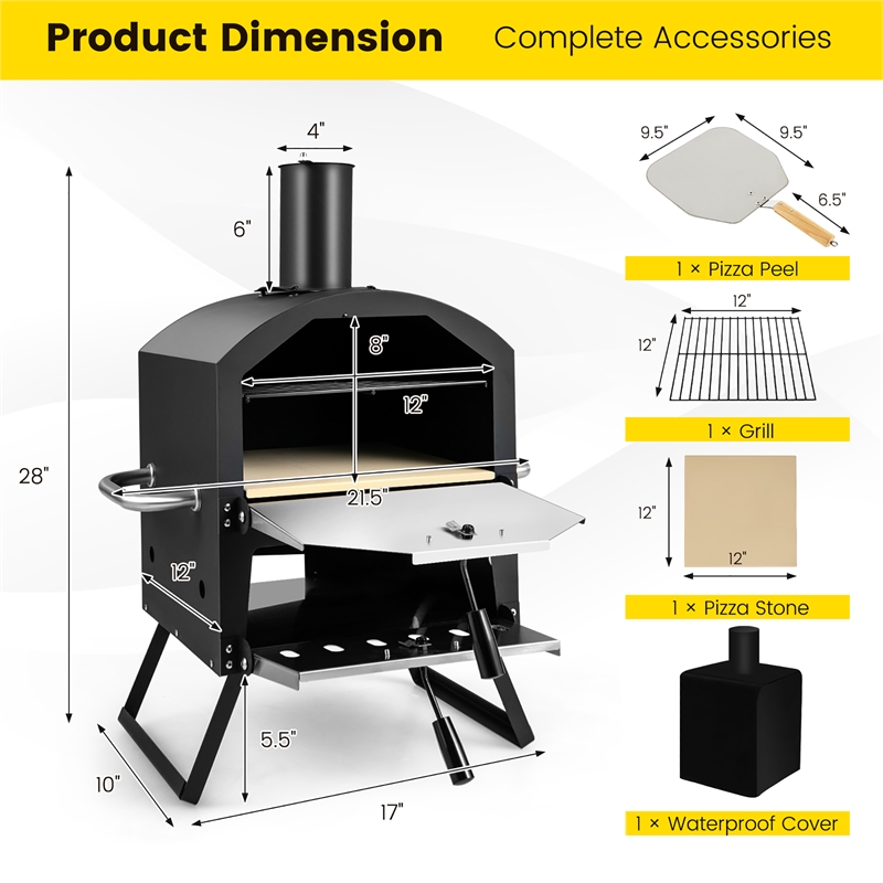 2 Layer Pizza Oven Wood Fired Grill Outside Pizza Maker w/Waterproof Cover Black