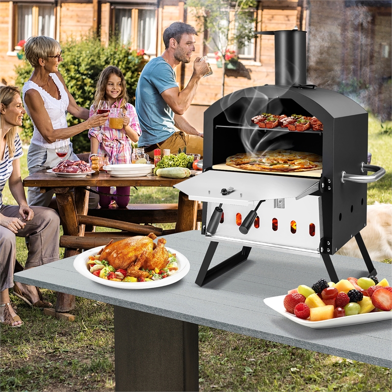 2 Layer Pizza Oven Wood Fired Grill Outside Pizza Maker w/Waterproof Cover Black