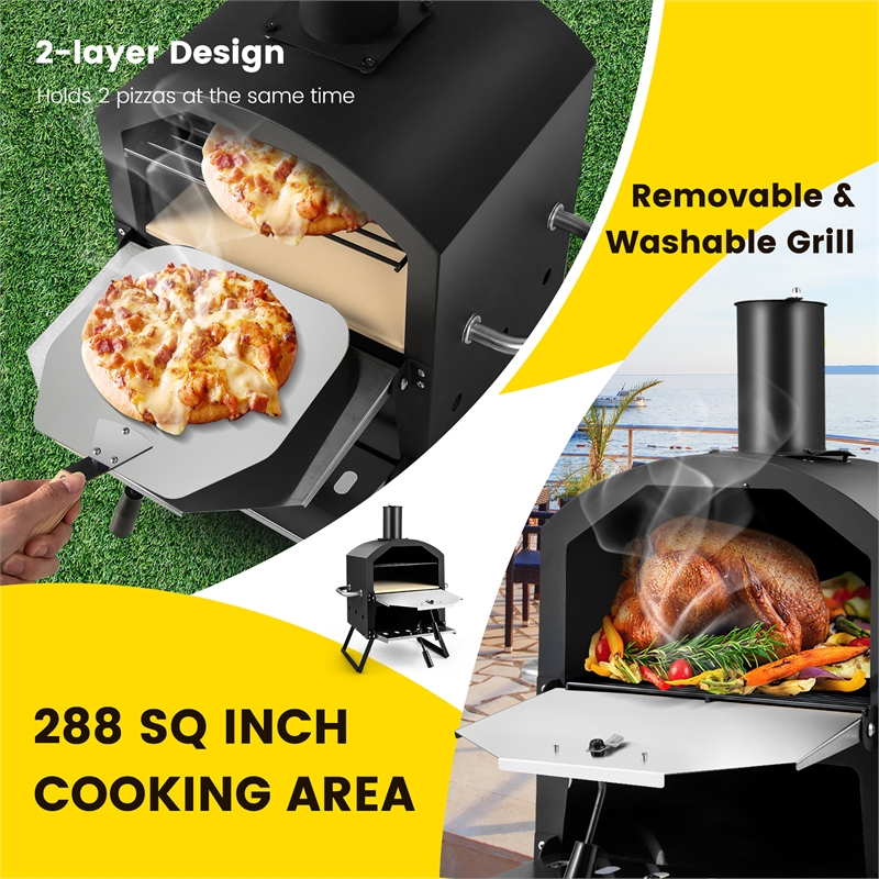 2 Layer Pizza Oven Wood Fired Grill Outside Pizza Maker w/Waterproof Cover Black