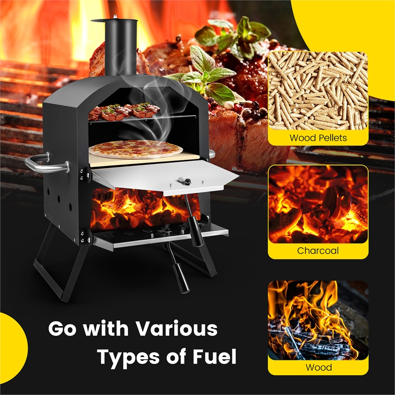 2 Layer Pizza Oven Wood Fired Grill Outside Pizza Maker w/Waterproof Cover Black