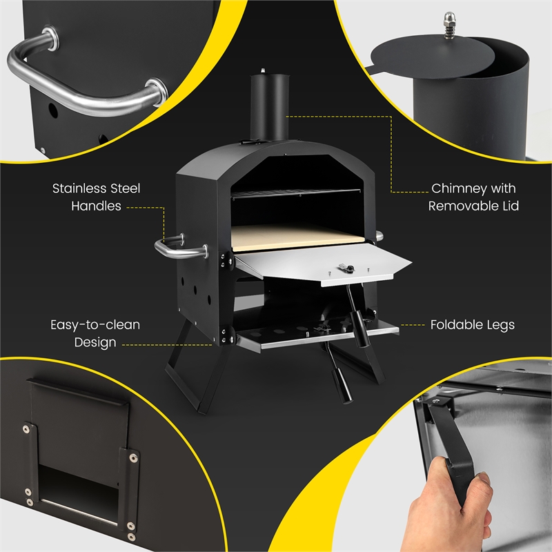 2 Layer Pizza Oven Wood Fired Grill Outside Pizza Maker w/Waterproof Cover Black