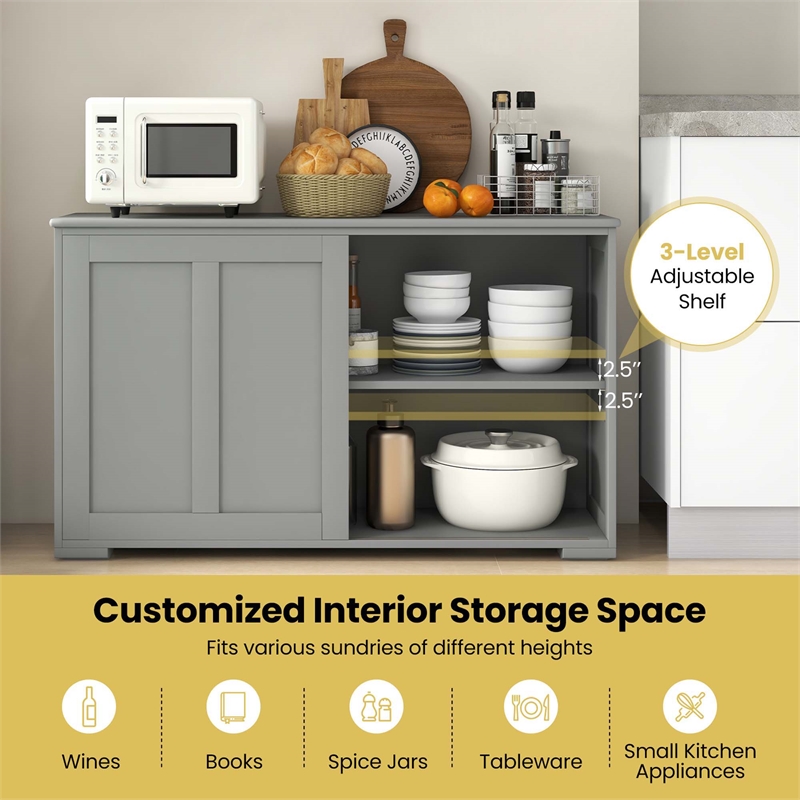 Kitchen Storage Cabinet Sideboard Buffet Cupboard Wood Sliding Door Gray