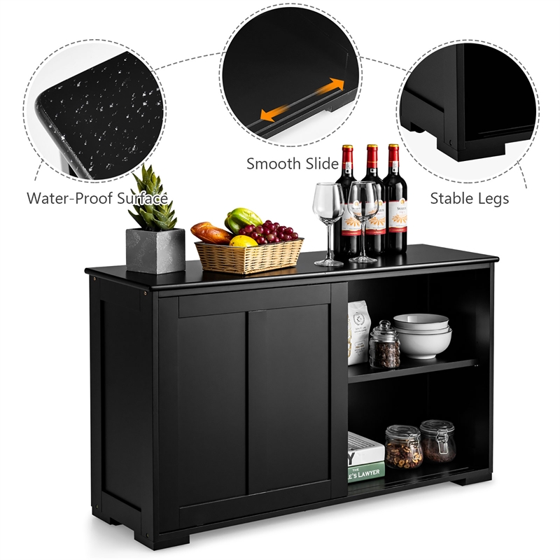 Kitchen Storage Cabinet Sideboard Buffet Cupboard Wood Sliding Door Black