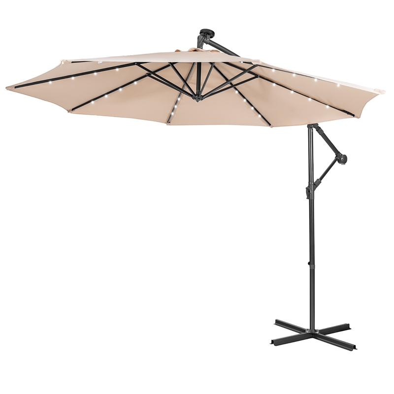 10FT Cantilever Solar Powered 32LED Lighted Patio Offset Umbrella Outdoor Beige