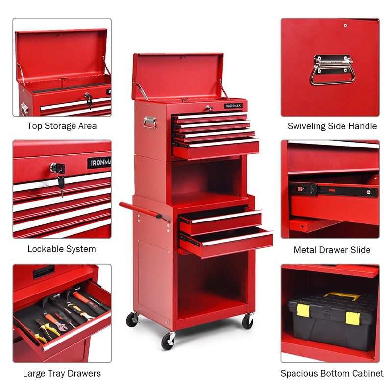 High Capacity 6 Drawer Rolling Tool Chest Storage Cabinet Toolbox Red