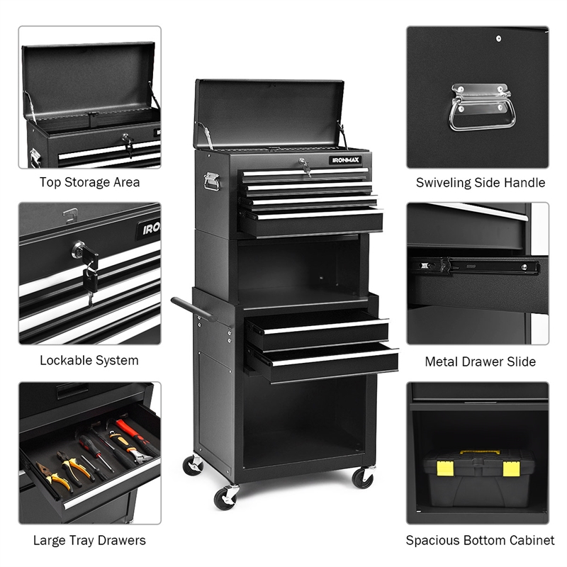 High Capacity 6 Drawer Rolling Tool Chest Storage Cabinet Toolbox Black