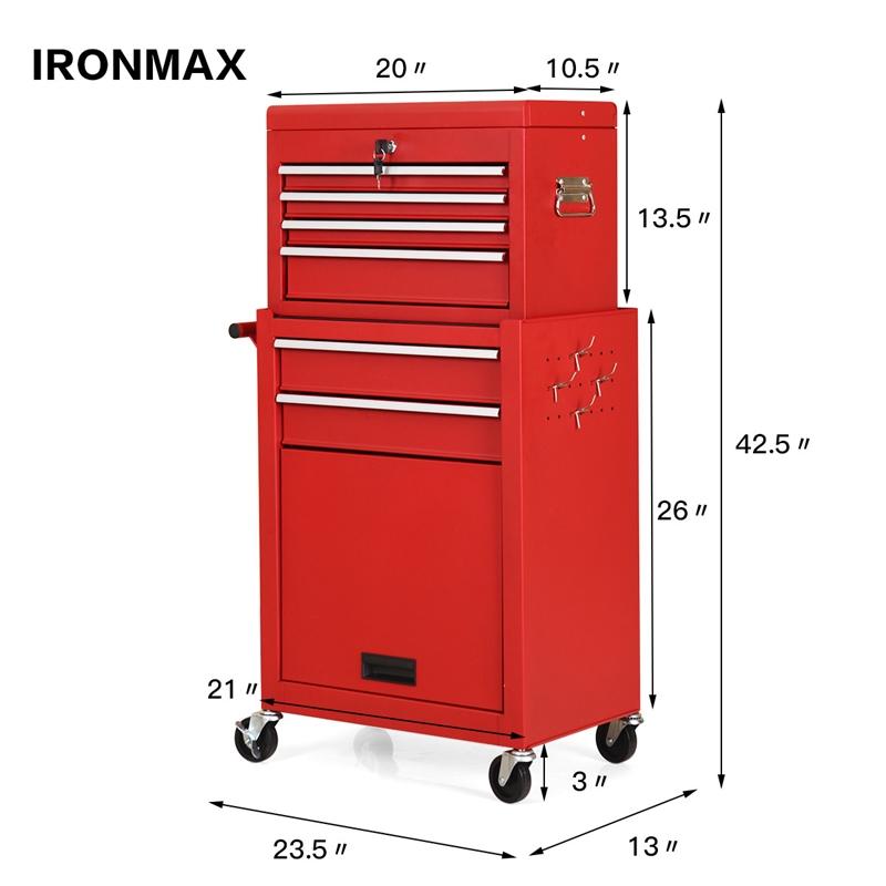 2 in 1 Rolling Cabinet Storage Chest Box Organizer w/6 Drawers Red