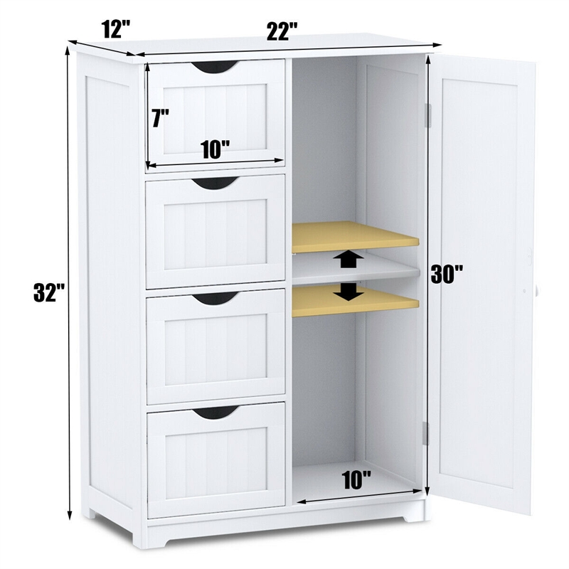 Bathroom Storage Wooden 4 Drawer Cabinet Cupboard 2 Shelves White