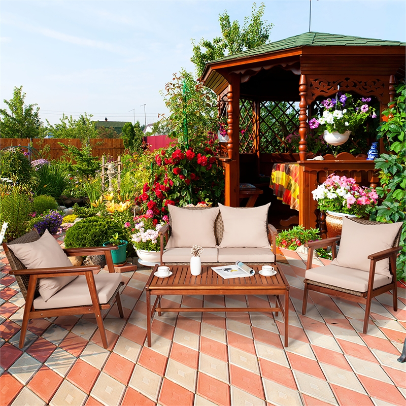 4PCS Outdoor Rattan Furniture Set Acacia Wood Table Cushioned Sofa Chair Brown