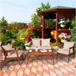 4PCS Outdoor Rattan Furniture Set Acacia Wood Table Cushioned Sofa Chair Brown