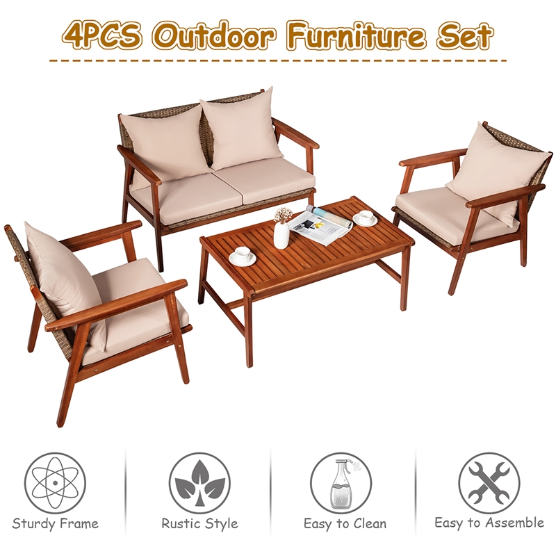 4PCS Outdoor Rattan Furniture Set Acacia Wood Table Cushioned Sofa Chair Brown