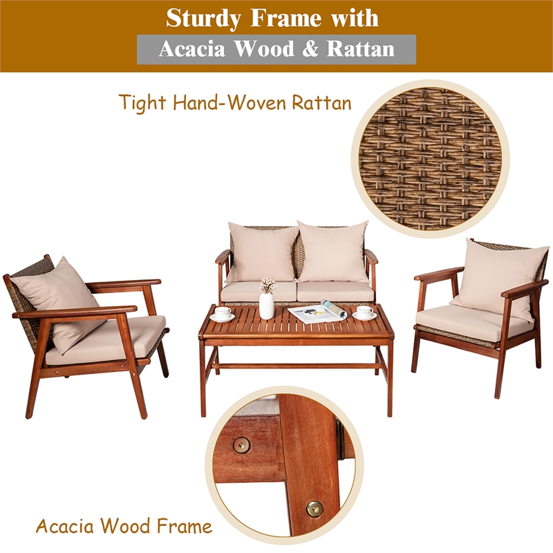 4PCS Outdoor Rattan Furniture Set Acacia Wood Table Cushioned Sofa Chair Brown