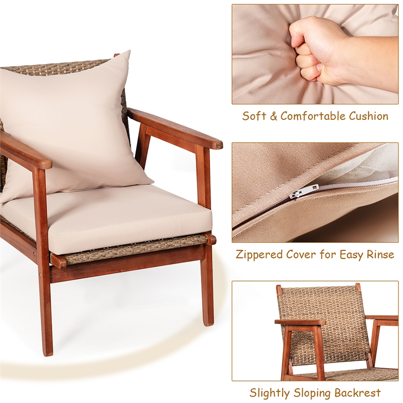 4PCS Outdoor Rattan Furniture Set Acacia Wood Table Cushioned Sofa Chair Brown