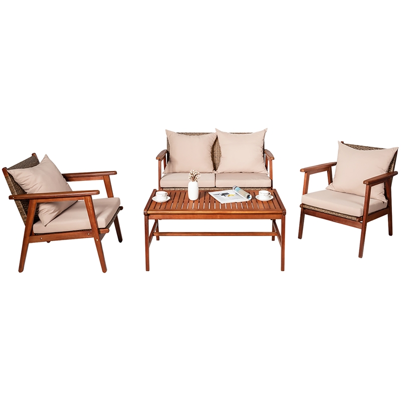 4PCS Outdoor Rattan Furniture Set Acacia Wood Table Cushioned Sofa Chair Brown