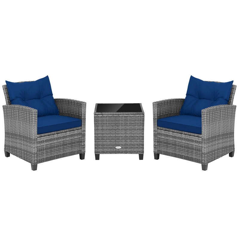 3PCS Patio Rattan Furniture Bistro Set Sofas Side Table Armrest Navy