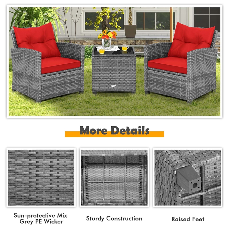 3PCS Patio Rattan Furniture Bistro Set Sofas Side Table Armrest Red