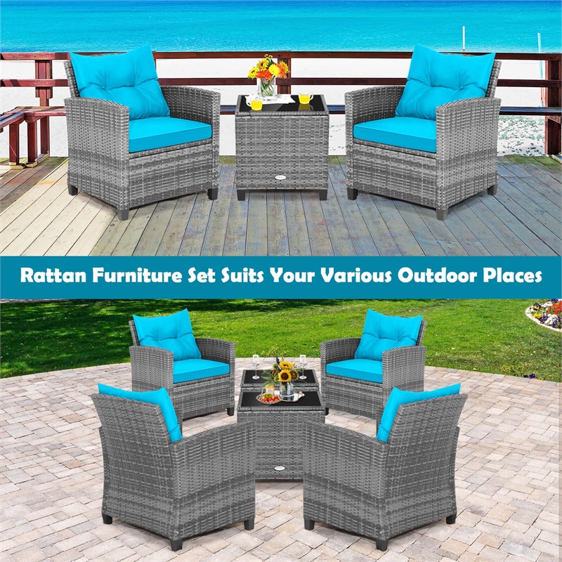 3PCS Patio Rattan Furniture Bistro Set Sofas Side Table Armrest Turquoise