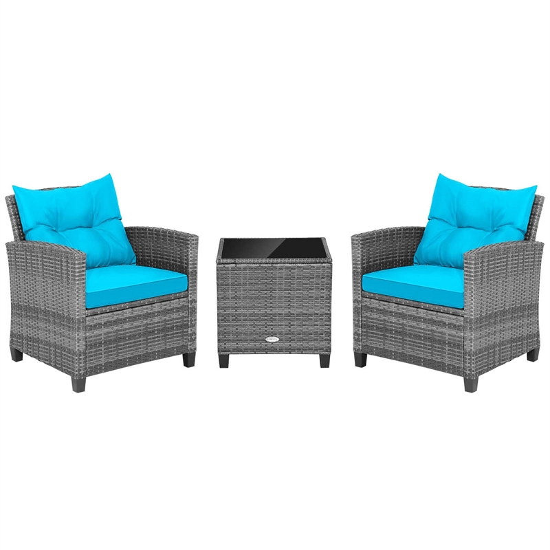 3PCS Patio Rattan Furniture Bistro Set Sofas Side Table Armrest Turquoise