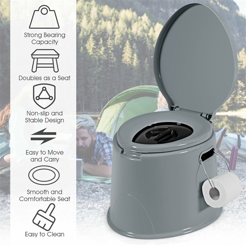 Portable Travel Toilet Indoor Outdoor W/Paper Holder Camping Gray