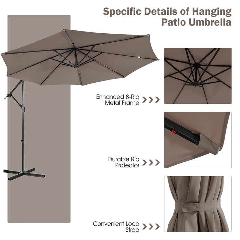 10FT Cantilever Solar Powered 32LED Lighted Patio Offset Umbrella Outdoor Coffee