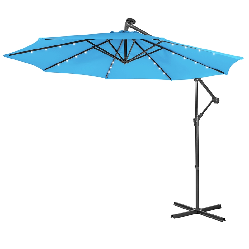 10FT Cantilever Solar Powered 32LED Lighted Patio Offset Umbrella Outdoor Blue